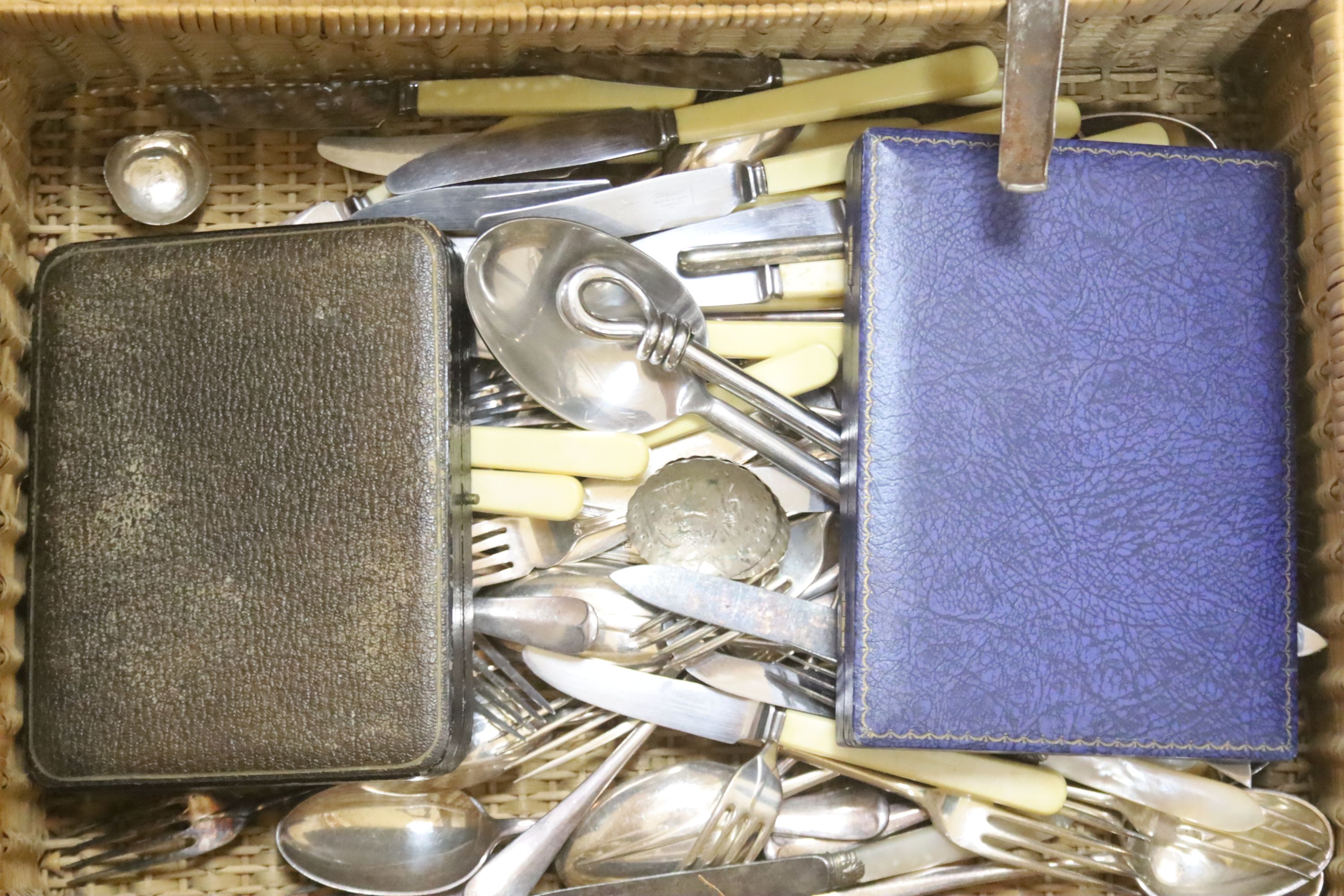A cased part canteen of silver plated cutlery and a quantity of miscellaneous plated cutlery including two cased sets.